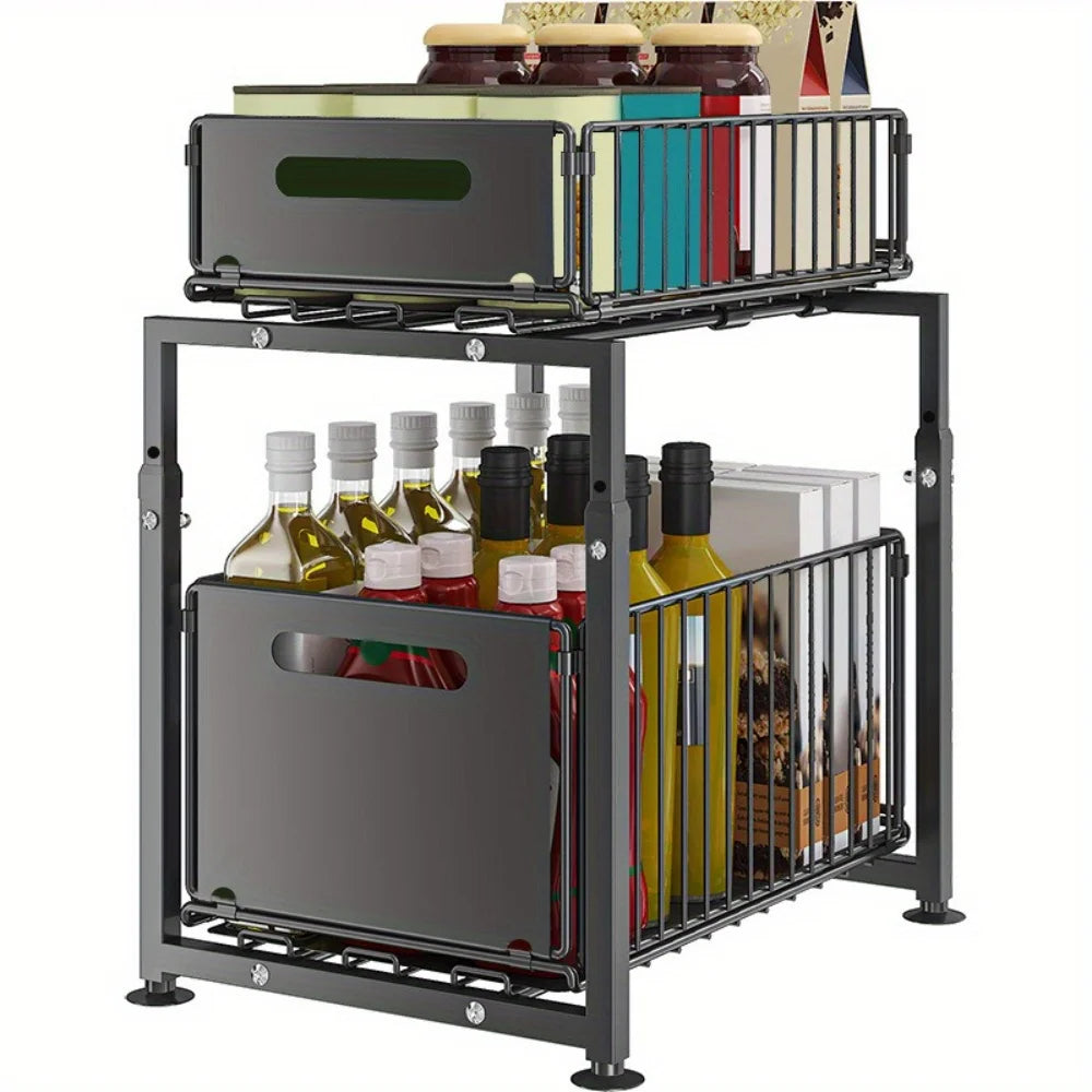 Adjustable Under-Sink Organizer - Pull-Out Spice Rack & Storage Basket | Customizable Cabinet Shelf System