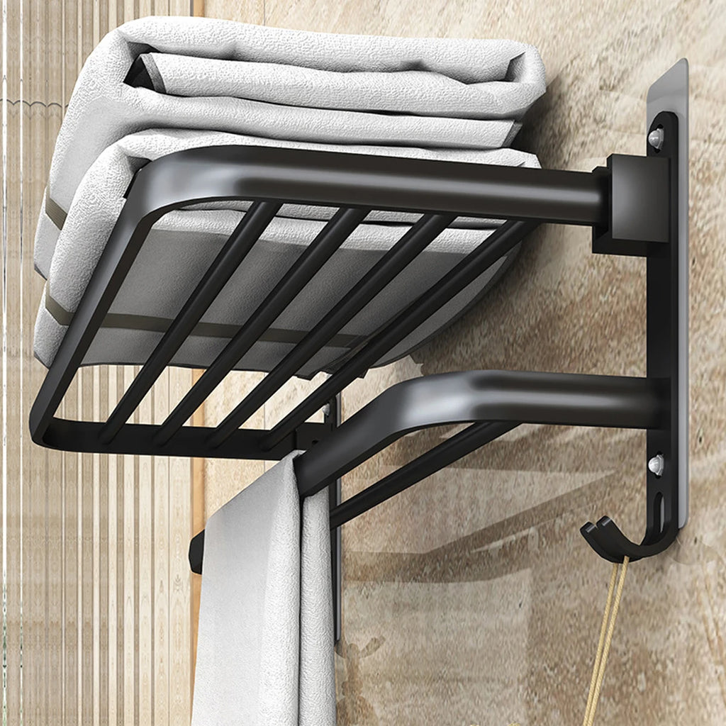 Bathroom Lavatory Towel Rack with Double Towel Bars & with HOOKS,19-inch Towel Shelf with Towel Bar,Towel Holder (Black、Gray)