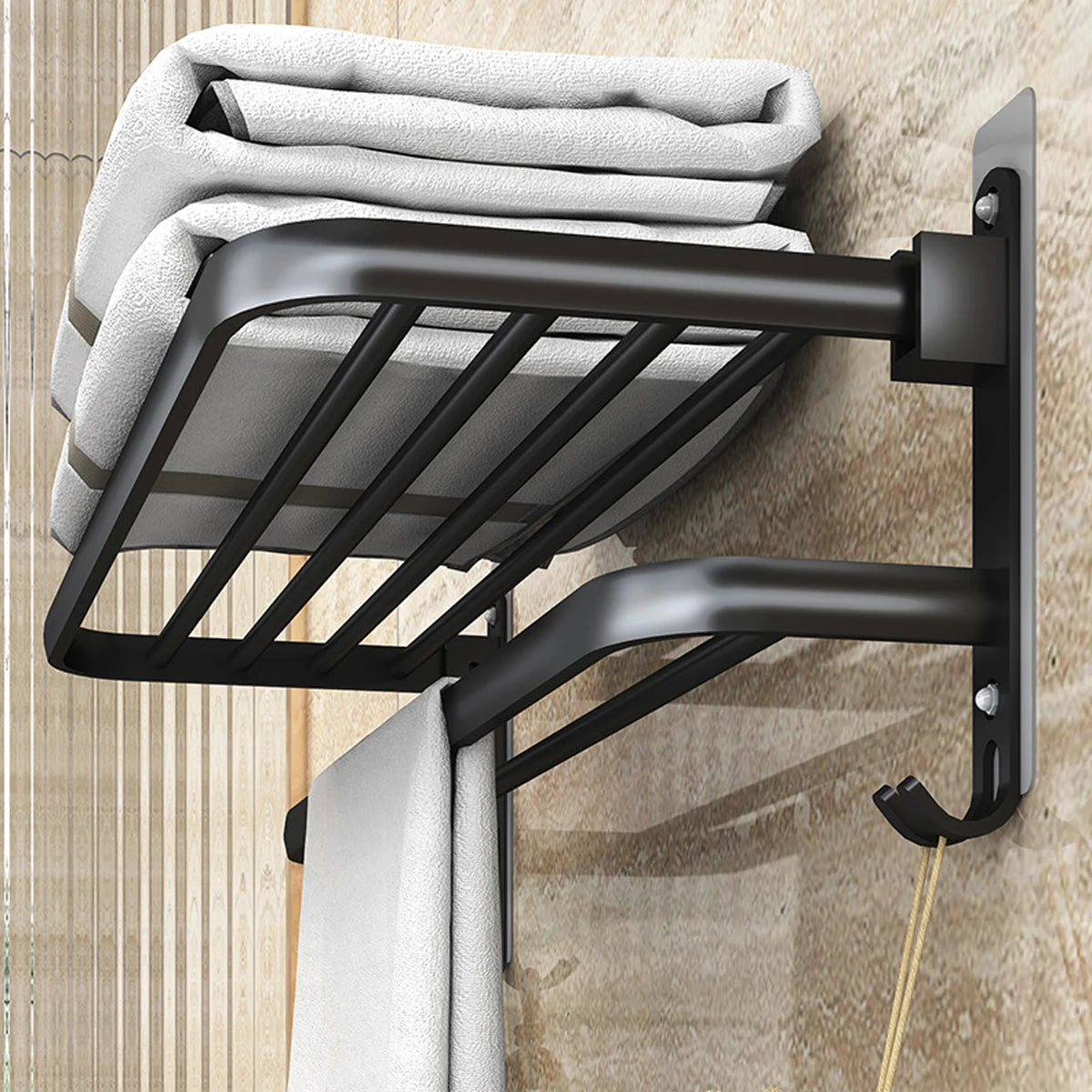 Bathroom Lavatory Towel Rack with Double Towel Bars & with HOOKS,19-inch Towel Shelf with Towel Bar,Towel Holder (Black、Gray)