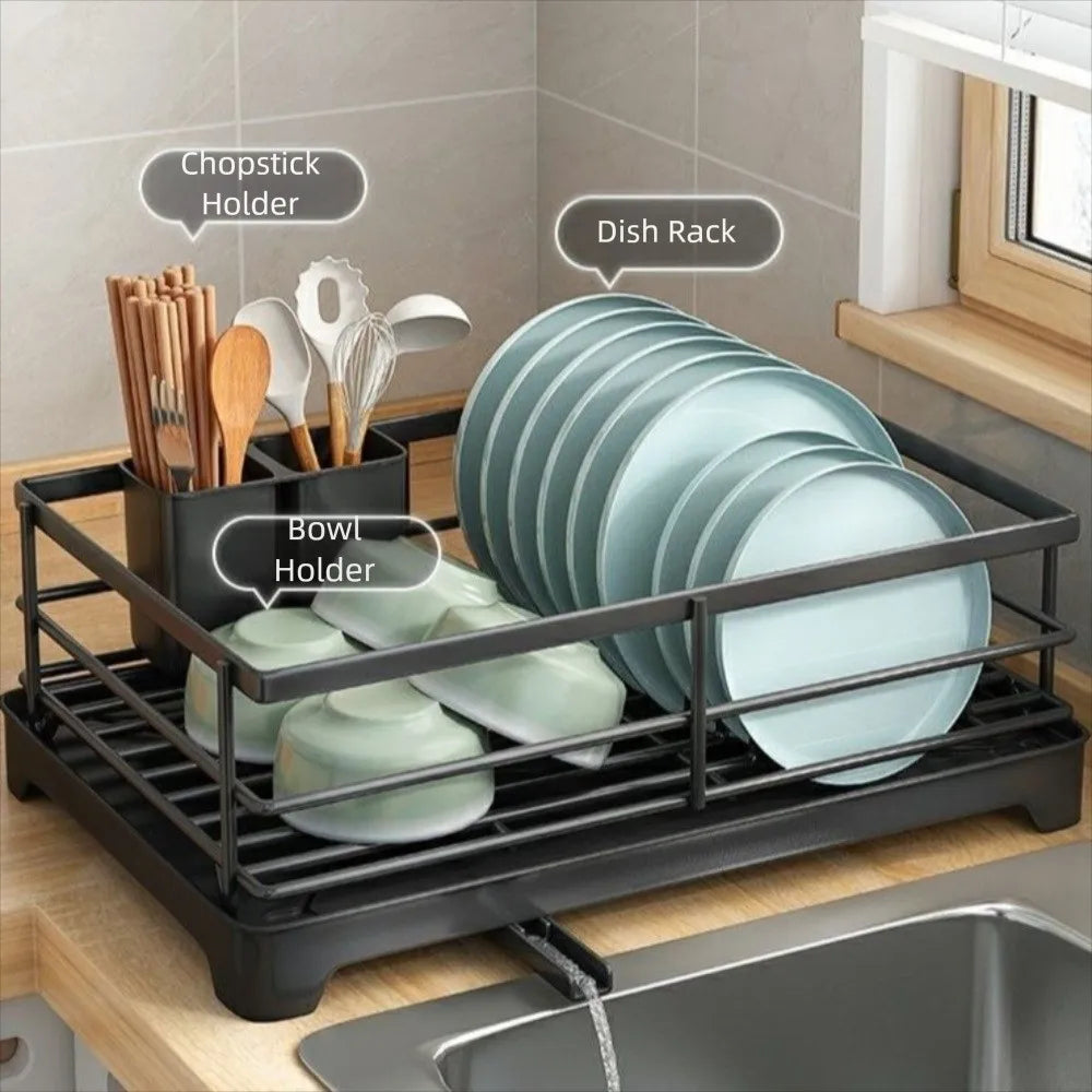 Carbon Steel Kitchen Storage Rack Drainer Tray Stable Dish Drying Rack Ventilation Space-saving Plates Organizer with Drainboard