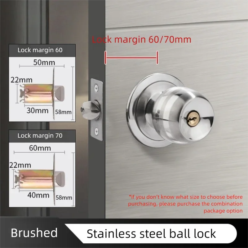 Interior Round Ball Door Knobs, Key Handles, Stainless Steel Locksets for Bathroom, Bedroom