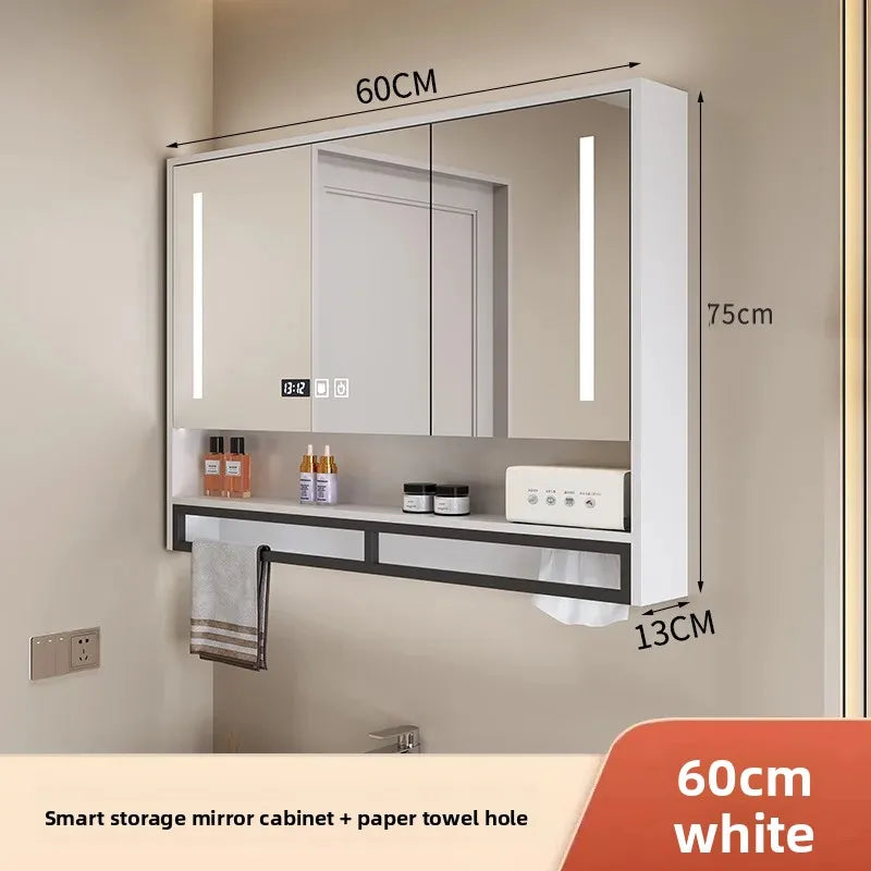 Bathroom Mirror Cabinet Wall Mounted LED Waterproof Aluminum Medicine Cabinet with Storage Shelf Towel Rod for Home Bathroom