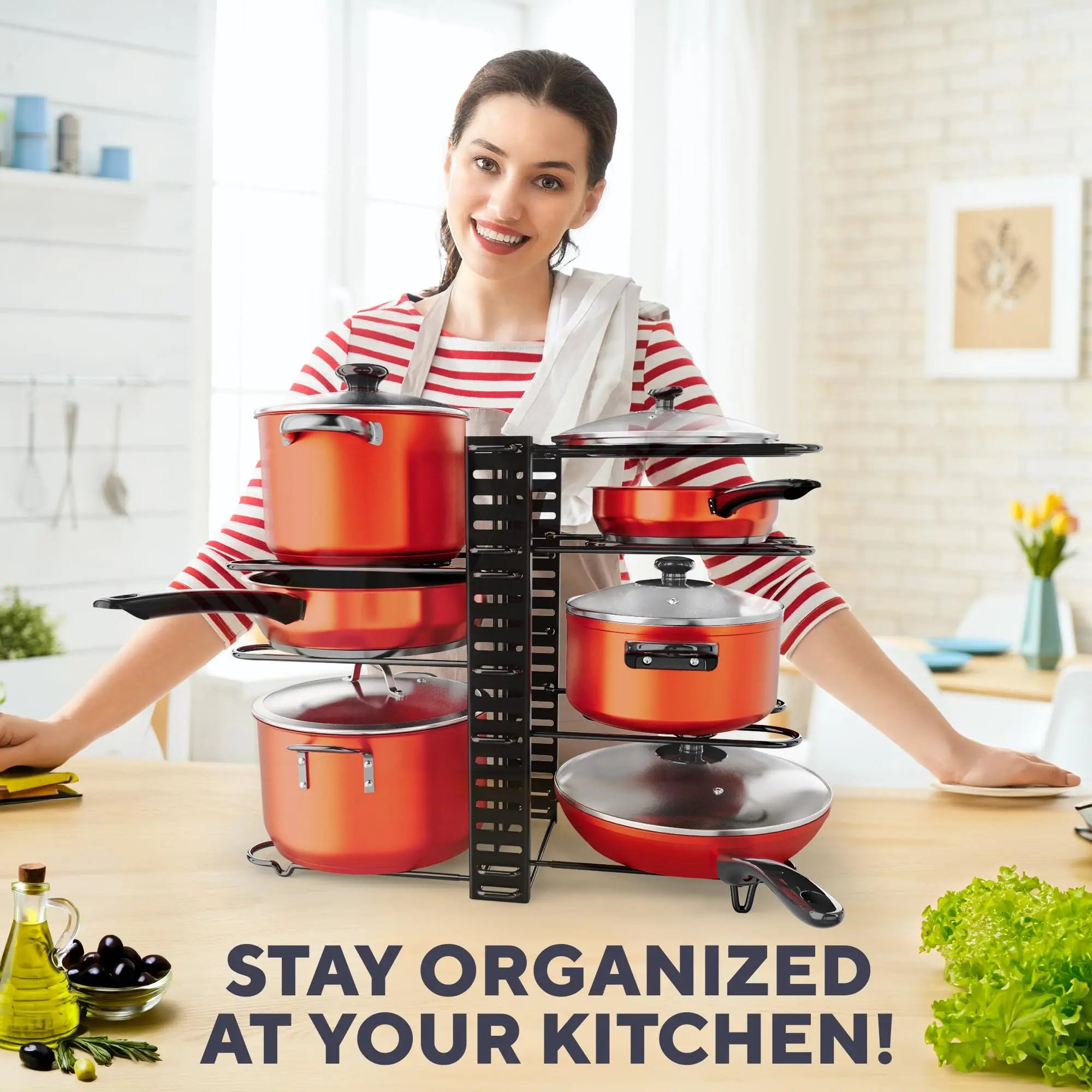 Pot Rack Organizer, 8 Tier Pots and Pans Organizer for Kitchen Organization & Storage, Adjustable Pot Lid Holders & Pan Rack