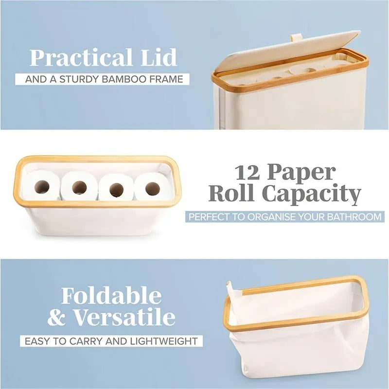 Bamboo Toilet Paper Holder with Storage Basket, Collapsible Storage Basket Bathroom Organizer Paper Towel Storage Bohemian Style