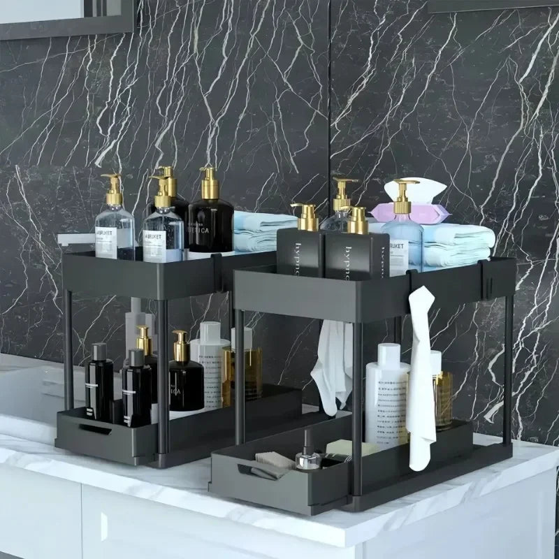 Under Sink Organizer, Sliding Cabinet Basket Organizer, Storage Rack with Hooks, Hanging Cup, Bathroom Kitchen Organizer, 2 Tier