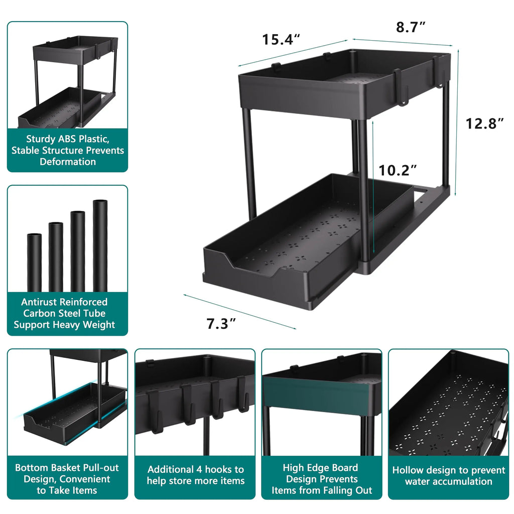 2 Tier Under Sliding Cabinet Basket Organizer Drawer with 4 Hooks, Multi-Purpose Under Sink Storage for Bathroom Kitchen Desktop