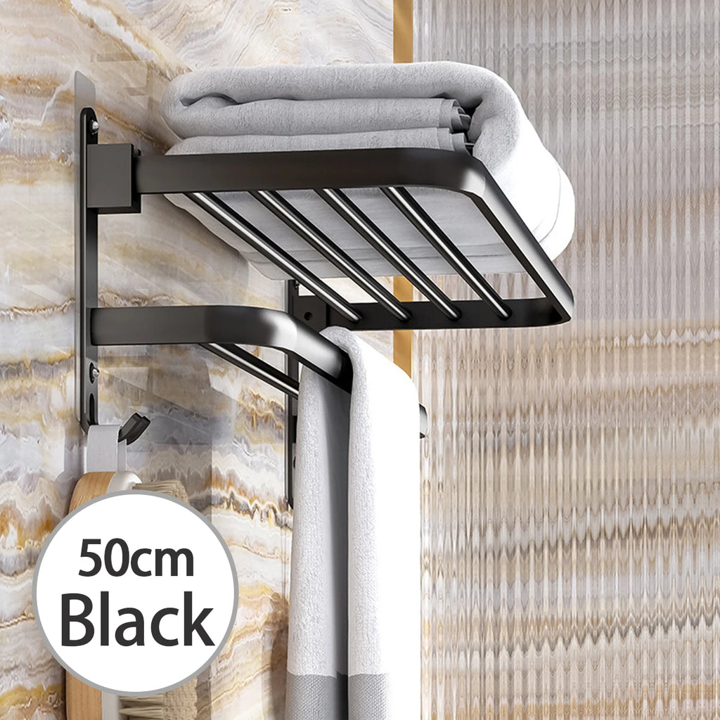 Bathroom Lavatory Towel Rack with Double Towel Bars & with HOOKS,19-inch Towel Shelf with Towel Bar,Towel Holder (Black、Gray)