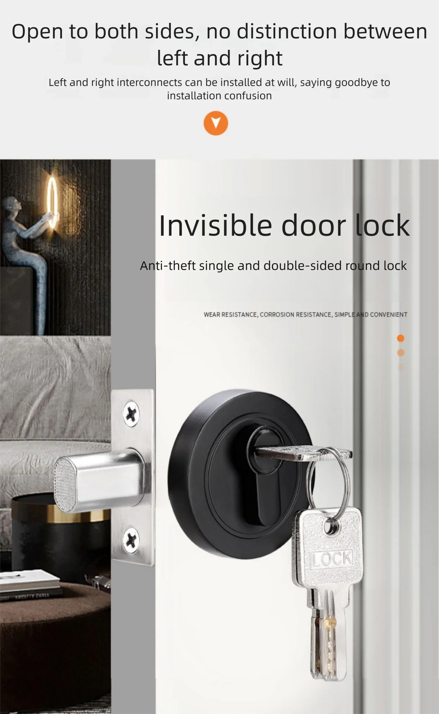 Hidden door lock; concealed lock; wooden door lock; single and double-sided lock; bedroom door lock; hallway lock; auxiliary ind