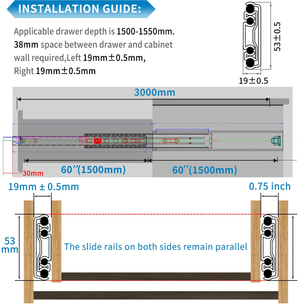 1 Pair Heavy Duty Locking Drawer Slides 10-60 Inch 250 Lb Load Capacity Side Mount Full Extension Ball Bearing Industrial Rail