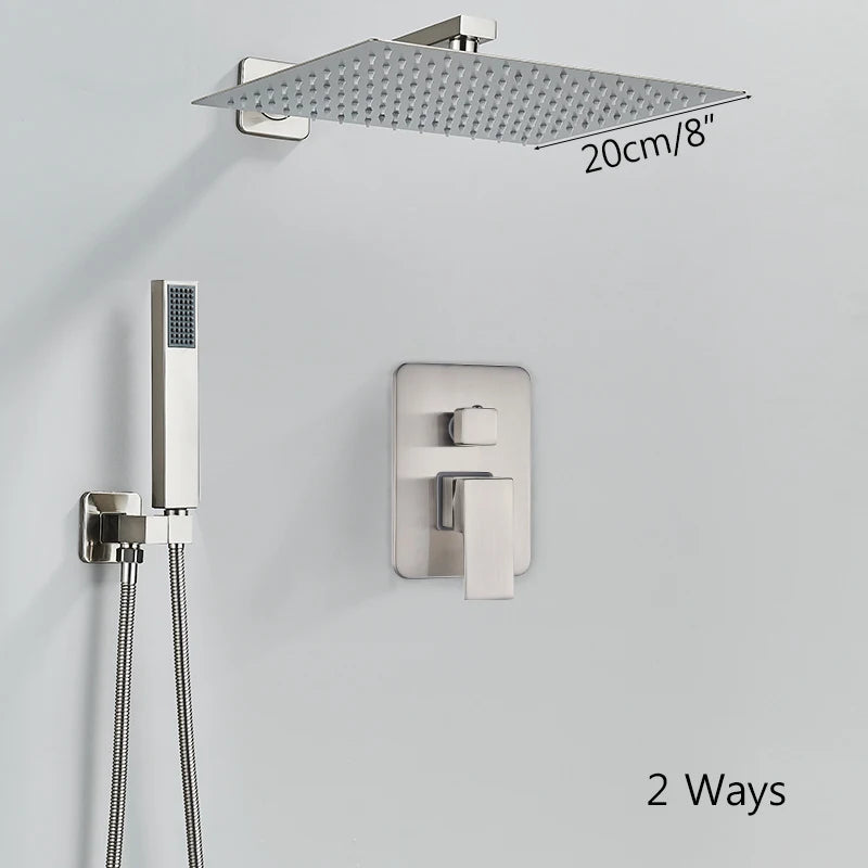 Brushed Nickel Brass Shower Faucet 2/3 Ways Shower Sets Rainfall Shower Head Mixers with Embed Box Bathroom Taps Hot Cold Water
