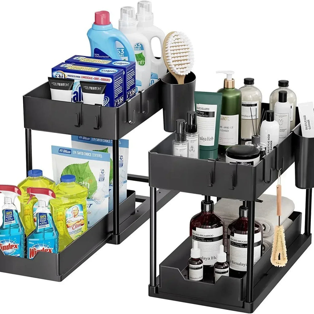 Under Sink Organizer Sliding Cabinet Basket Organizer Storage Rack with Hooks Hanging Cup Bathroom Kitchen Organizer