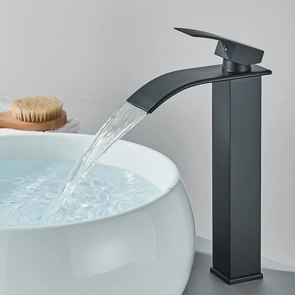 Bathroom Home Waterfall Wash Copper Core Waterfall Stainless Steel Basin Stainless SteelFaucet Black Hot &Cold Toilet Wash Basin