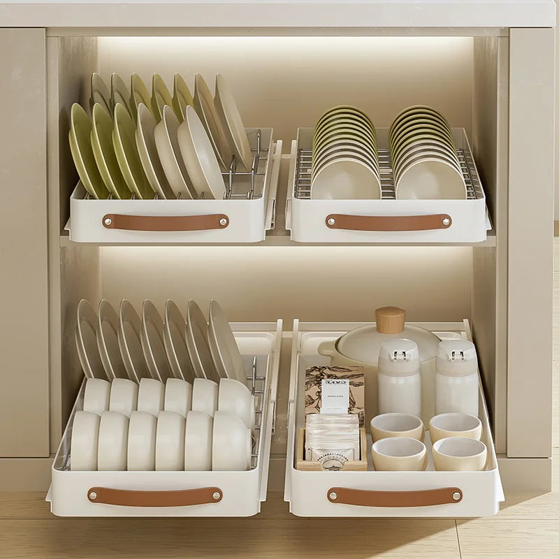 1Pc Dish Rack Kitchen Storage Box with Sliding Rail Pull-out Cabinet Storage Rack Spice Pantry Shelves Drawer Kitchen Organizer