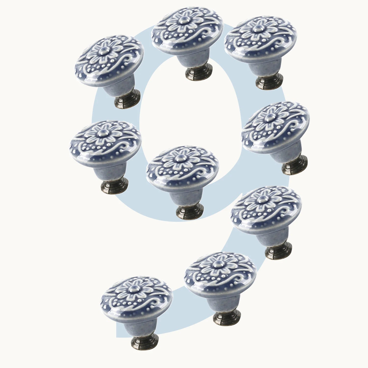 9 Pcs Light Blue Vintage Round Ceramic Cabinet Knobs and Pulls for Drawer, Cupboard, Closet Door