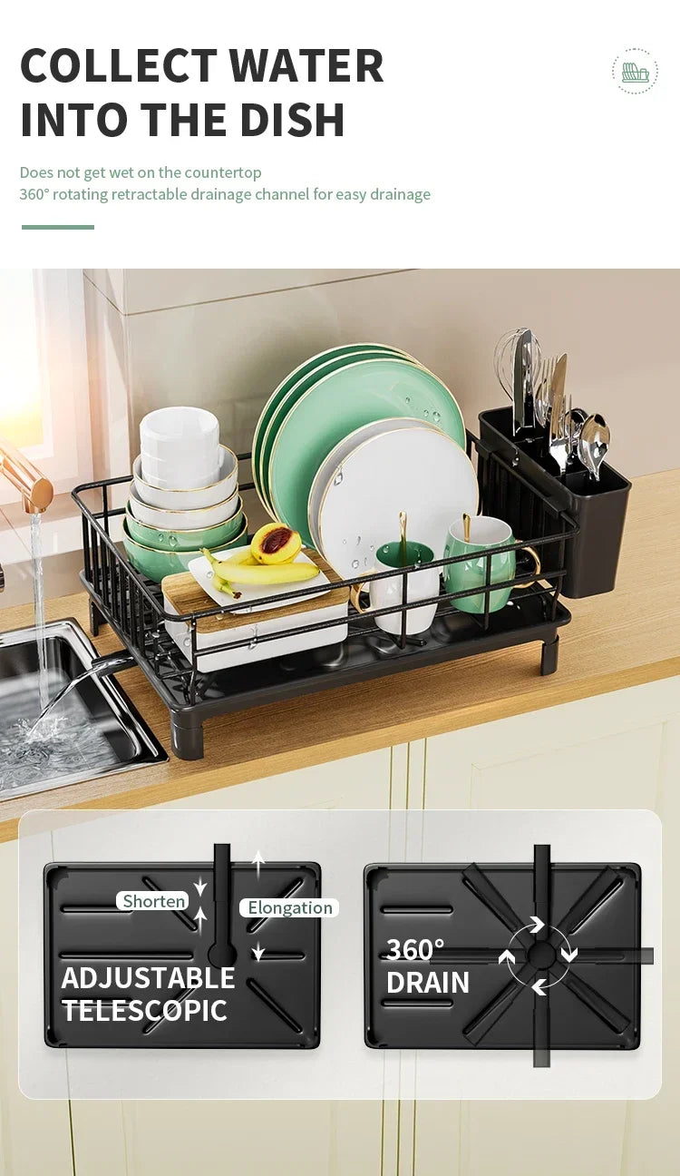 Metal Dish Draining Rack,Cutlery Rack With Drain Tray and Drip Line,Cup Holder,Cutlery Holder,Kitchen Countertop Storage Rack