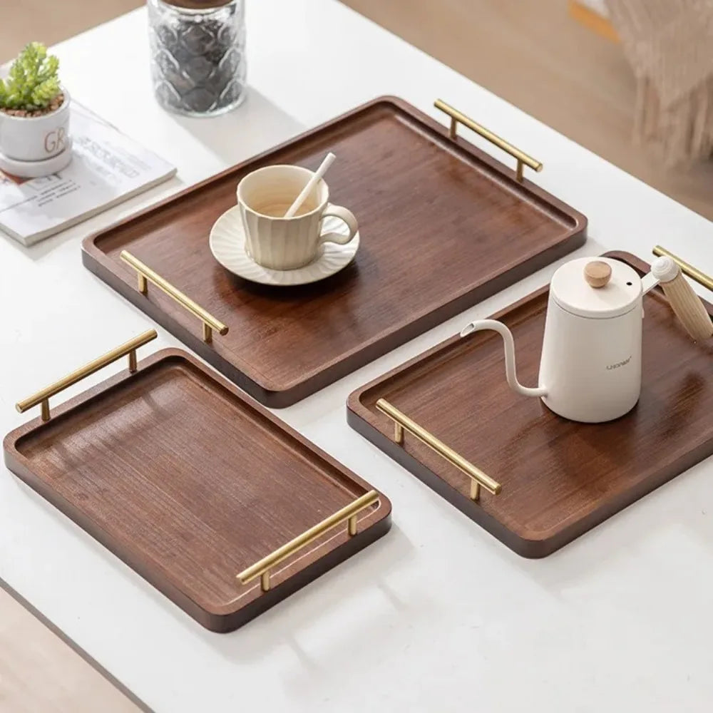Wooden Serving Tray with Handles Coffee Dessert Snack Platter Bamboo Tea Tray Food Tray Decorative Tray for Kitchen Bedroom