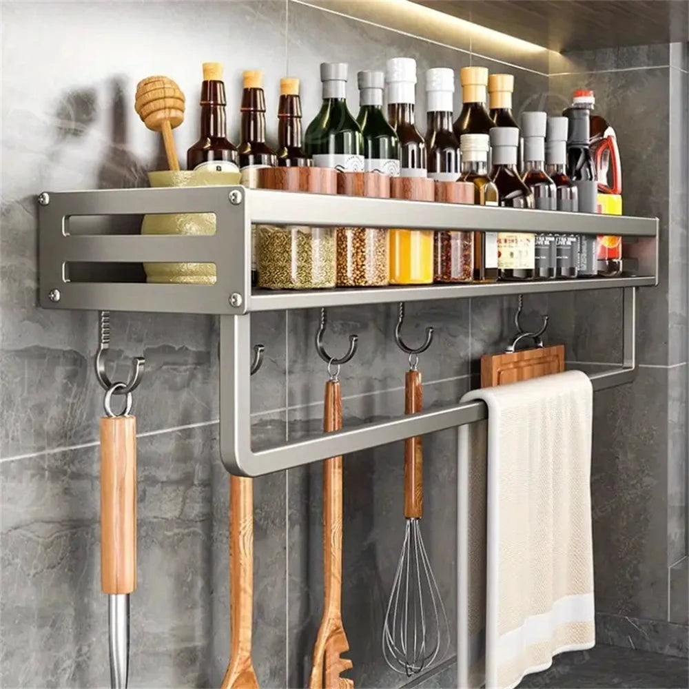 Aluminum Wall-Mounted Spice Rack Multifunctional Item Storage Shelf Kitchen Tools Storage Hooks Space Management Solution