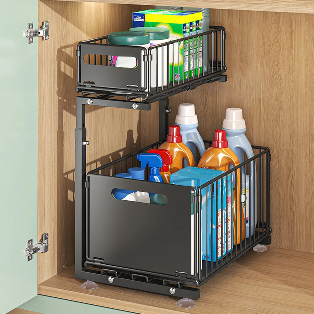 2-Tier Pull Out Cabinet Organizer Drawer Height Adjustable Kitchen Rack for Cabinet Under Sink Organizer Spice Jar Storage Shelf