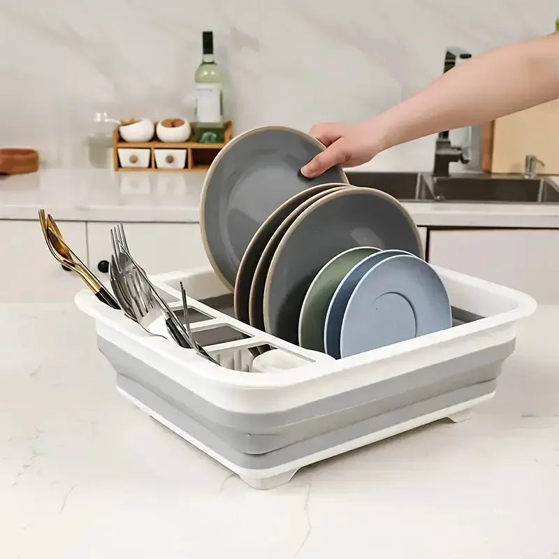 Foldable Dish Drying Rack with Utensil Holder,Space-Saving Plastic Plate Rack for Home,RV,Camping,Foldable Sink Drain for Travel
