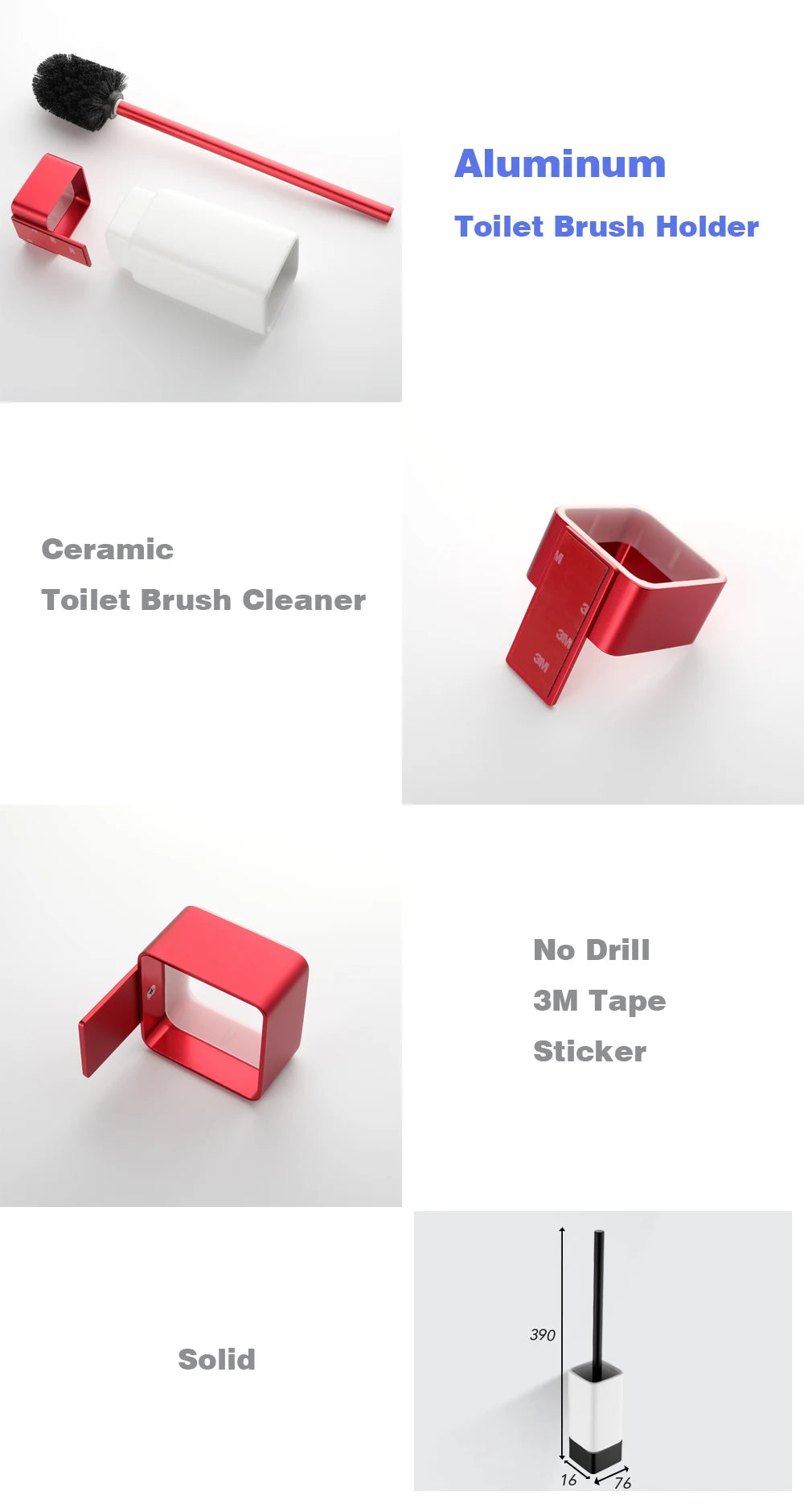 Aluminum Bathroom Accessories Sets 3M Tape Toilet Brush Holder Ceramic Toilet Roll Paper Holder Red Robe Hook Towel Holder
