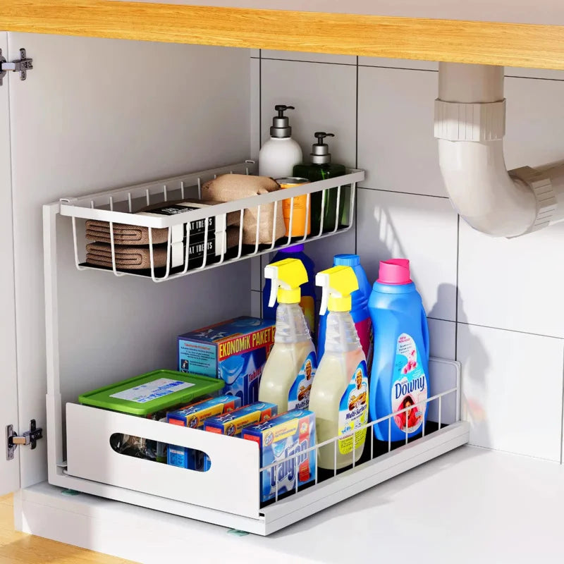 Under Sink 2 Tier Sliding Cabinet Basket Organizer Drawer Pull Out Cabinet Multi-Purpose  Sink Organizer for Bathroom Kitchen
