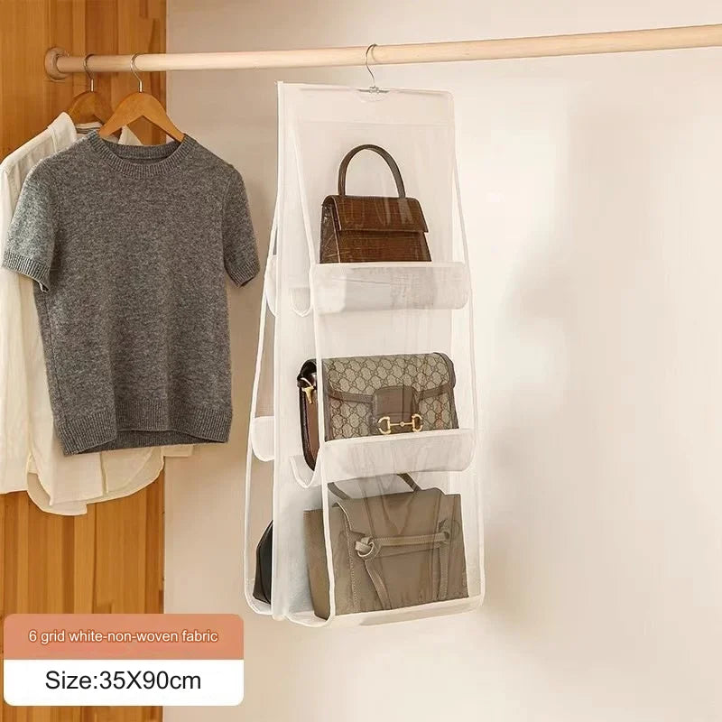 6 Pocket Hanging Handbag Organizer for Wardrobe Closet Transparent Storage Bag Door Wall Clear Sundry Bag with Hanger Pouch