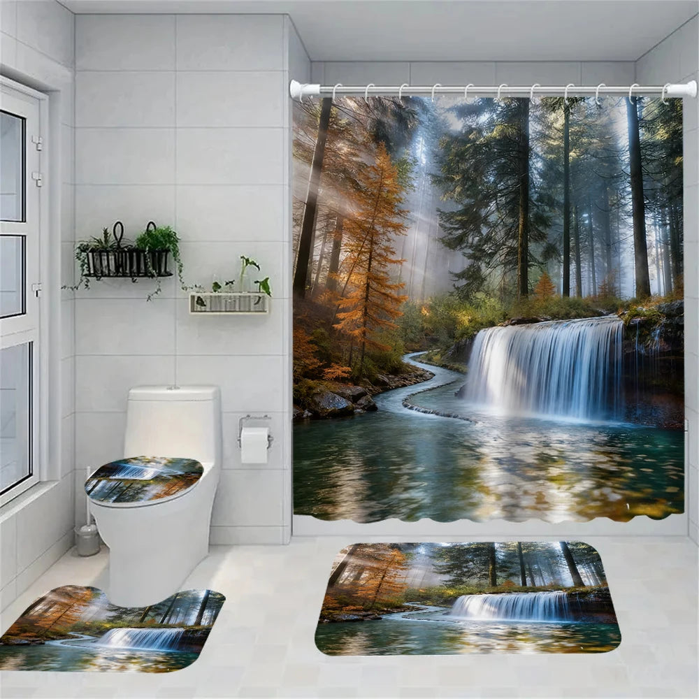 1/4 Forest Waterfalls  print shower Curtains, Toilet Seat Decoration, Shower Curtain with Carpet and Toilet Lid, 70.8x70.8 inch