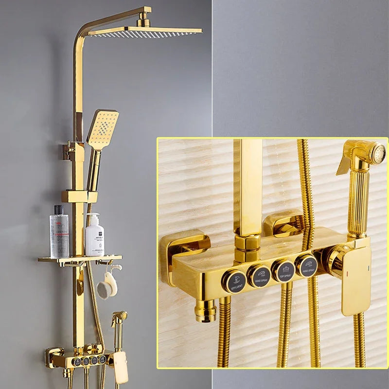Thermostatic Bathroom Shower Set White Gold Bathroom Faucet Accessories 12 Inch Rain Shower Head Hot Cold Bathroom Shower System