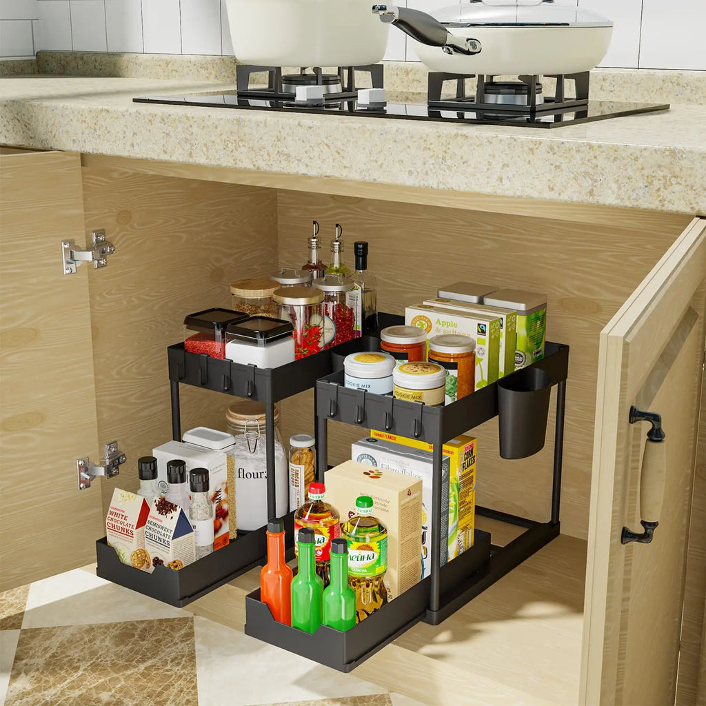 Under Sink Organizer and Storage, Kitchen Organization Rack with Double Sliding Cabinet Drawers, Multi-Purpose Storage Shelf Hol