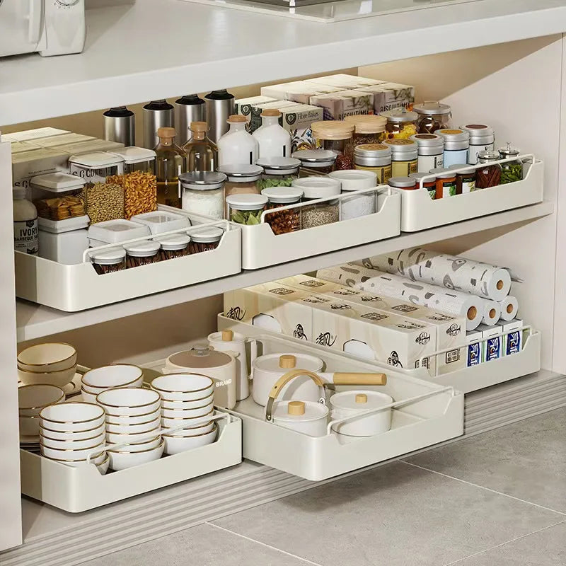 Home Kitchen Pull-out Rail Shelves Under The Sink Cabinet Pull-out Spice Dishes Organizer Without Drilling Installation