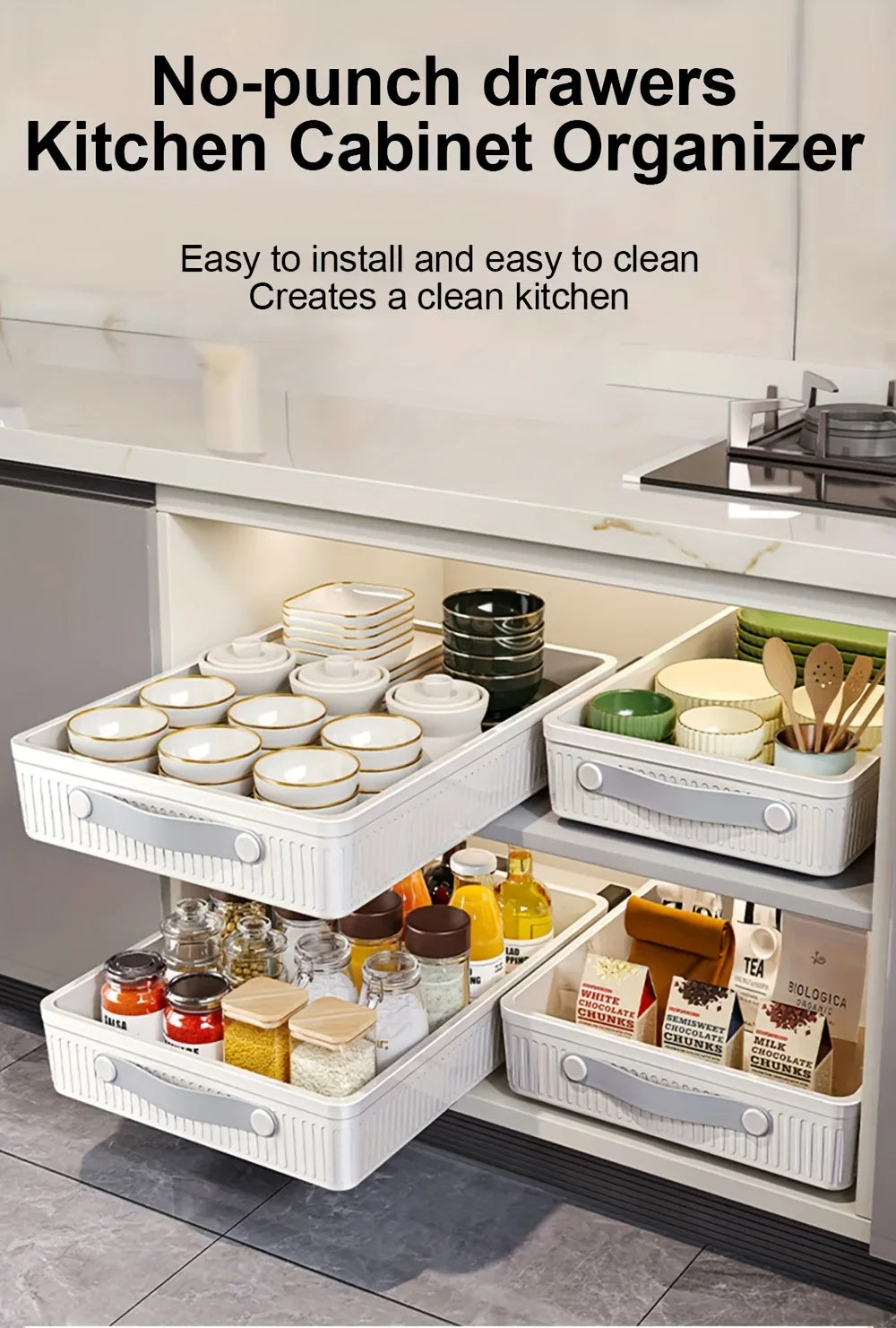 1 PC Kitchen Cabinet Drawer Storage Boxes with Slide Rails Pull-out Kitchen Storage Tray Spice Box Shelf Cabinets Organizer