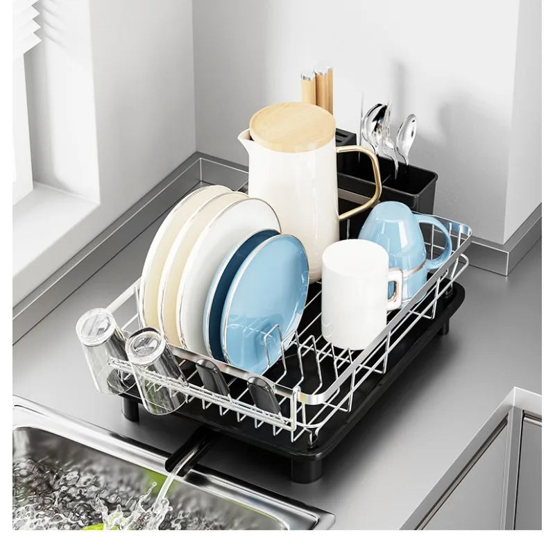 Single Layer Hollow Dish Rack Kitchen Countertop Rack with Drainage Tray Multifunctional Tableware Rack Rust Resistant Durable