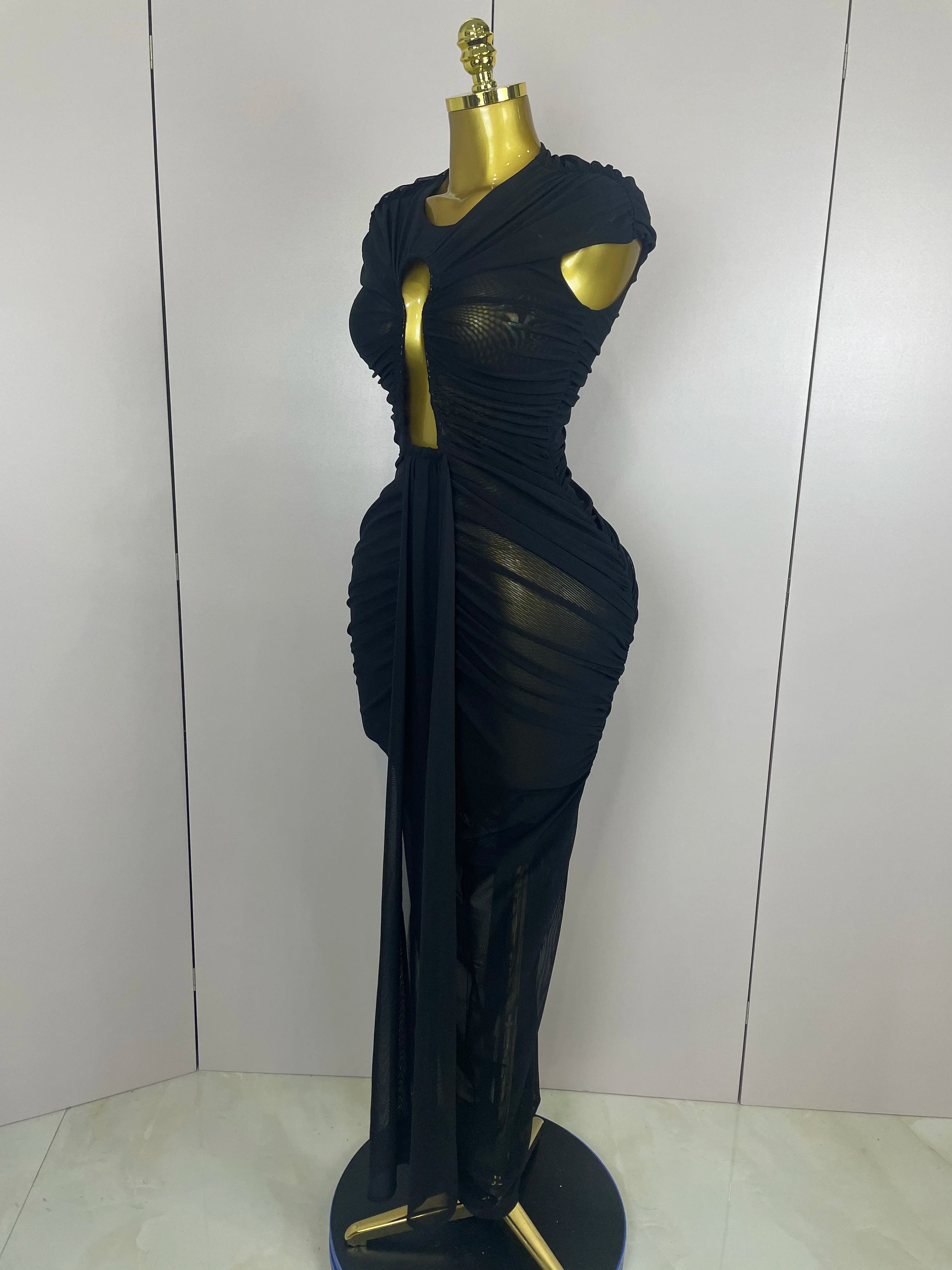 Women Sexy Sleeveless O-Neck Hollow Out Mesh Bodycon Long Dress Fashion Show Celebrate Celebrity Evening Birthday Party Dress
