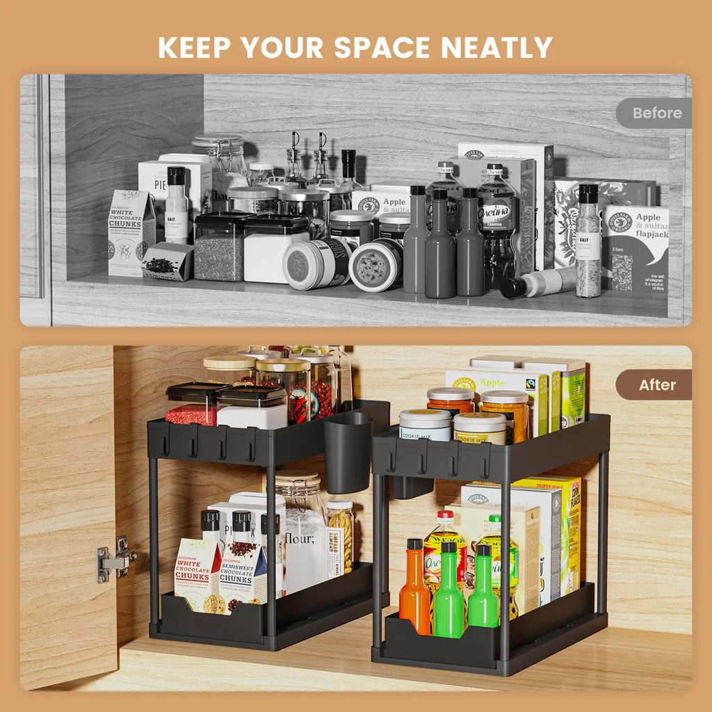 Under Sink Organizer and Storage, Kitchen Organization Rack with Double Sliding Cabinet Drawers, Multi-Purpose Storage Shelf Hol