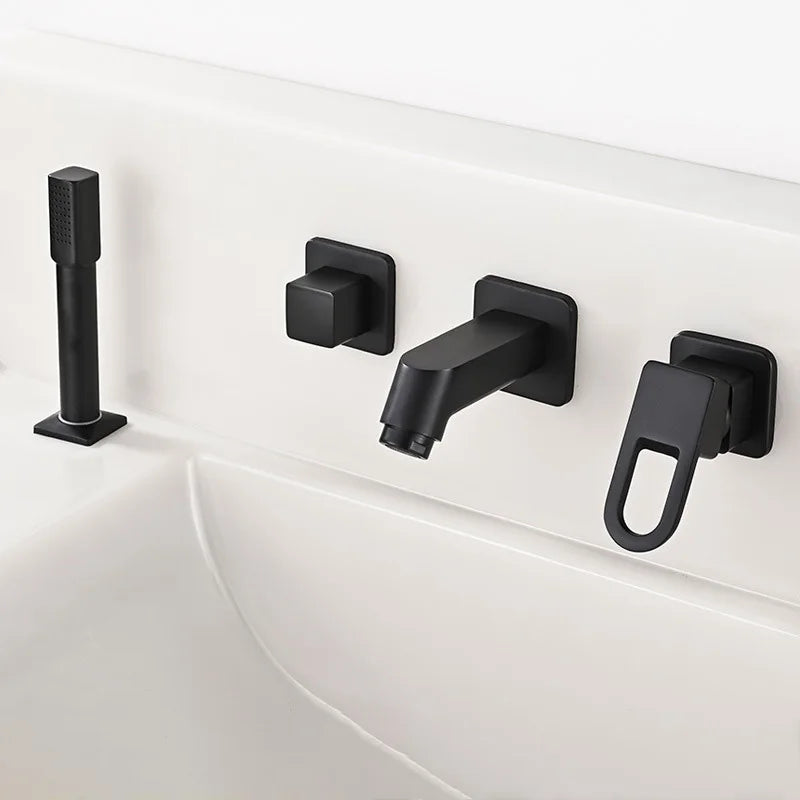 Bathroom Basin Faucet Widespread Bathtub Faucet Sink Mixer Tap 4-Holes Tub Filler with Pull Out Shower Sprayer Deck/Wall Mount