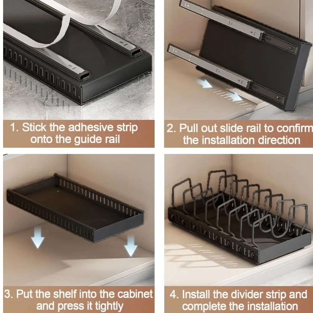 Kitchen Pull-Out Pot Rack Adjustable Cupboard Trays Dishes Partition Shelf with Slide Rails Organizer Tray Drawer Storage Racks