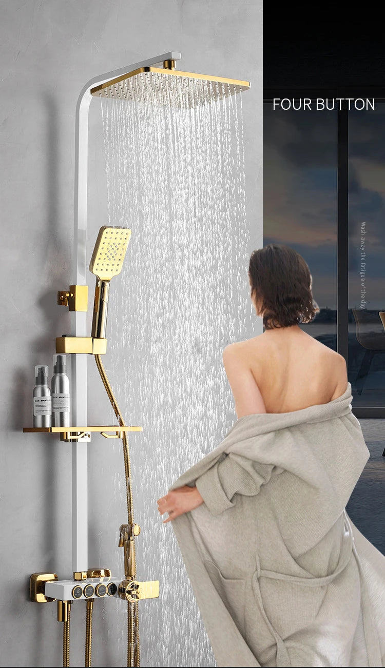 Thermostatic Bathroom Shower Set White Gold Bathroom Faucet Accessories 12 Inch Rain Shower Head Hot Cold Bathroom Shower System