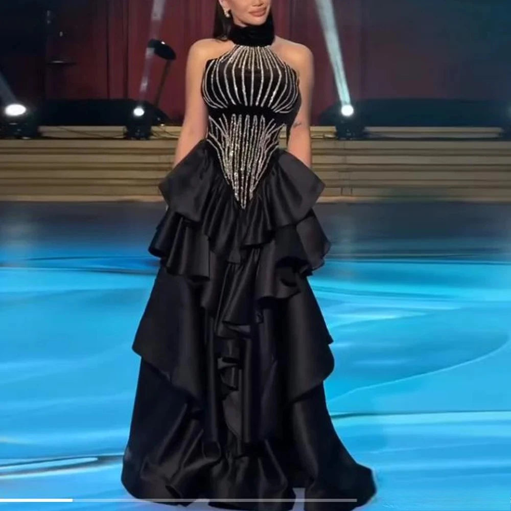 Black Luxury Evening Dress Halter Beading Embellished Ruffles A Line Tiered Formal Party Dress Vestidos De Gala 2026 Customized