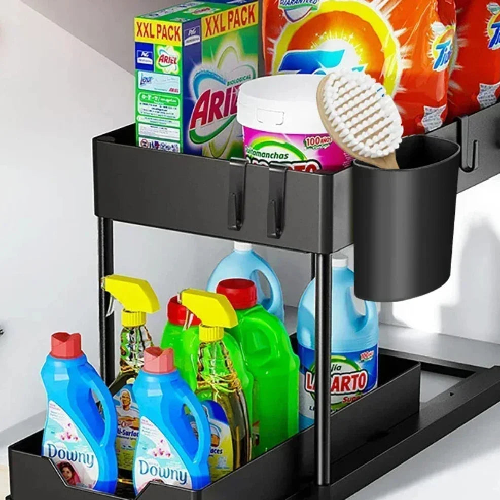 Under Sink Organizer Sliding Cabinet Basket Organizer Storage Rack with Hooks Hanging Cup Bathroom Kitchen Organizer