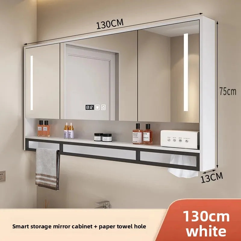 Bathroom Mirror Cabinet Wall Mounted LED Waterproof Aluminum Medicine Cabinet with Storage Shelf Towel Rod for Home Bathroom