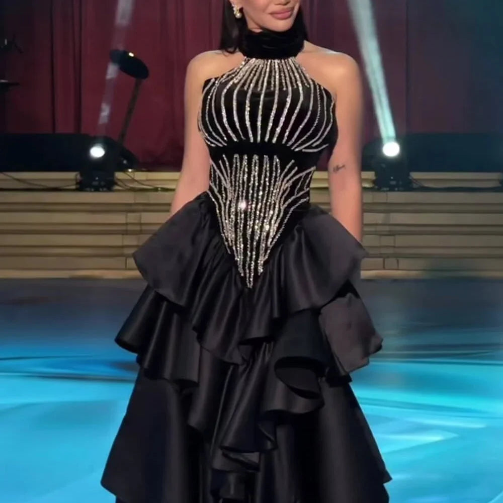 Black Luxury Evening Dress Halter Beading Embellished Ruffles A Line Tiered Formal Party Dress Vestidos De Gala 2026 Customized
