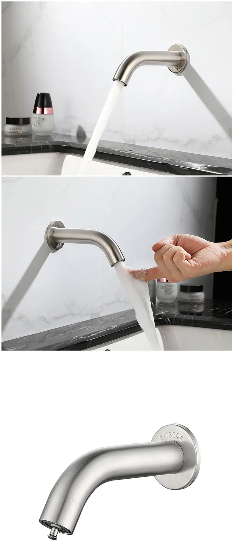 Bathroom Faucet Wall Mounted Sink Faucets Stainless Steel Cold Water Tap Touch Press Bathroom Basin Faucets Toilet Saving Tap