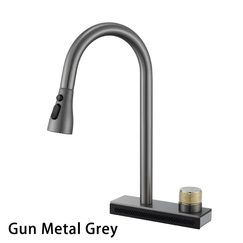 Waterfall Kitchen Sink Faucet with 4 Modes Pull Out Spout Stainless Steel Black One Hole Deck Mounted Kitchen Water Mixer Tap