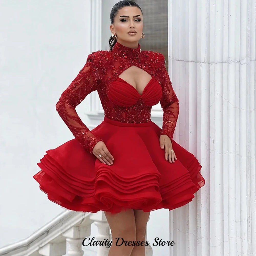 Delicate Red Organza Evening Dress Exquisite High Collar Long Sleeves Customized Cocktail Dresses Bespoke Occasion Gowns