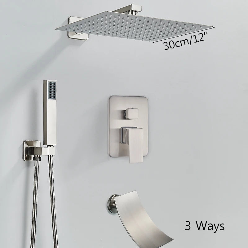 Brushed Nickel Brass Shower Faucet 2/3 Ways Shower Sets Rainfall Shower Head Mixers with Embed Box Bathroom Taps Hot Cold Water
