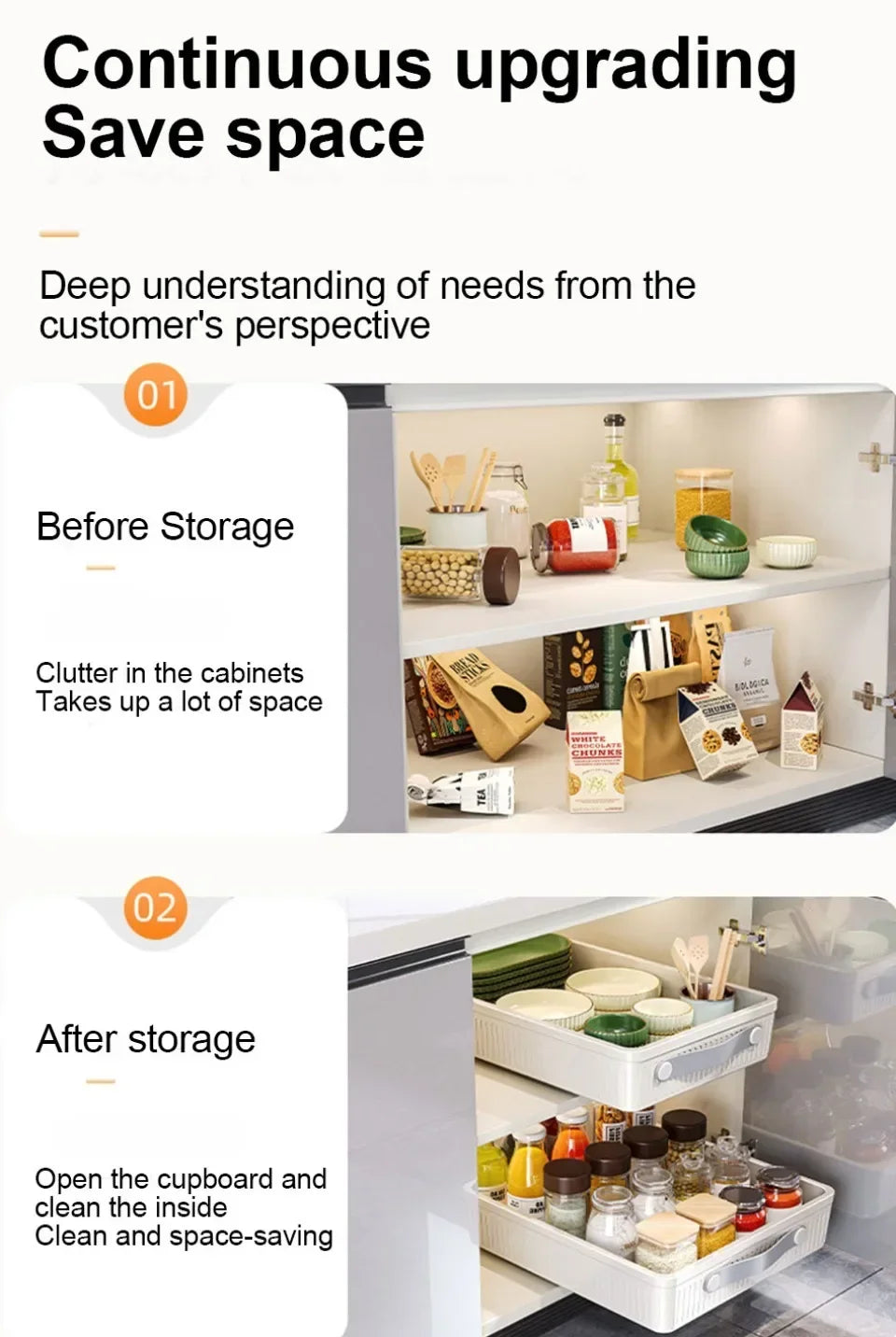 Kitchen Drawer Storage Rack with Slide Rails Pull-out Cabinet Organizer Free Installation Non Punched Easy To Clean Storage Box