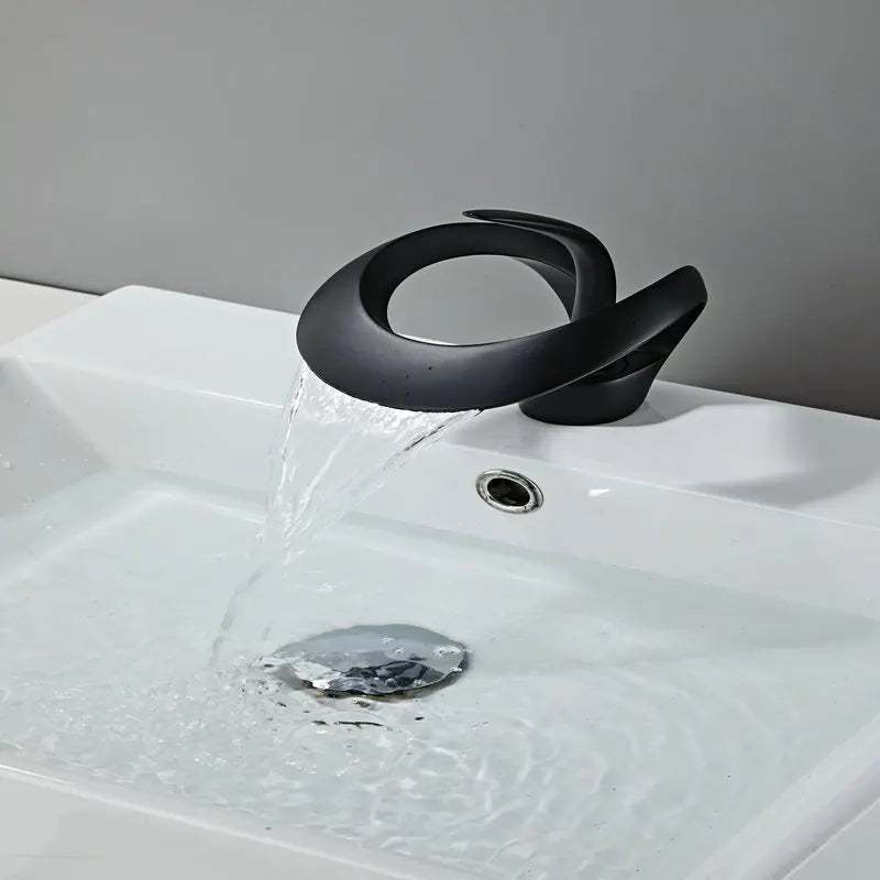 Black Bathroom Basin Taps Single Handle Waterfall Faucet Solid Brass Basin Mixer Taps Creative Hollowed Out Design Water Tap