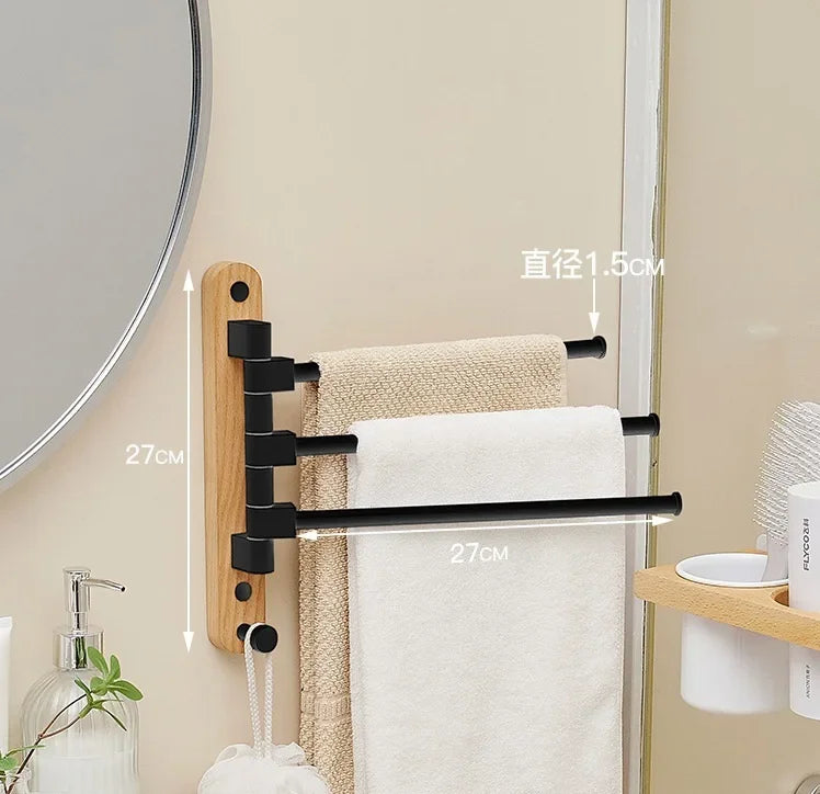 Bathroom Swivel Towel Rack, Wood & Matte Black Metal, 4-Arm Wall Mounted Towel Bar with Towel Ring, Space-Saving Towel Hanger