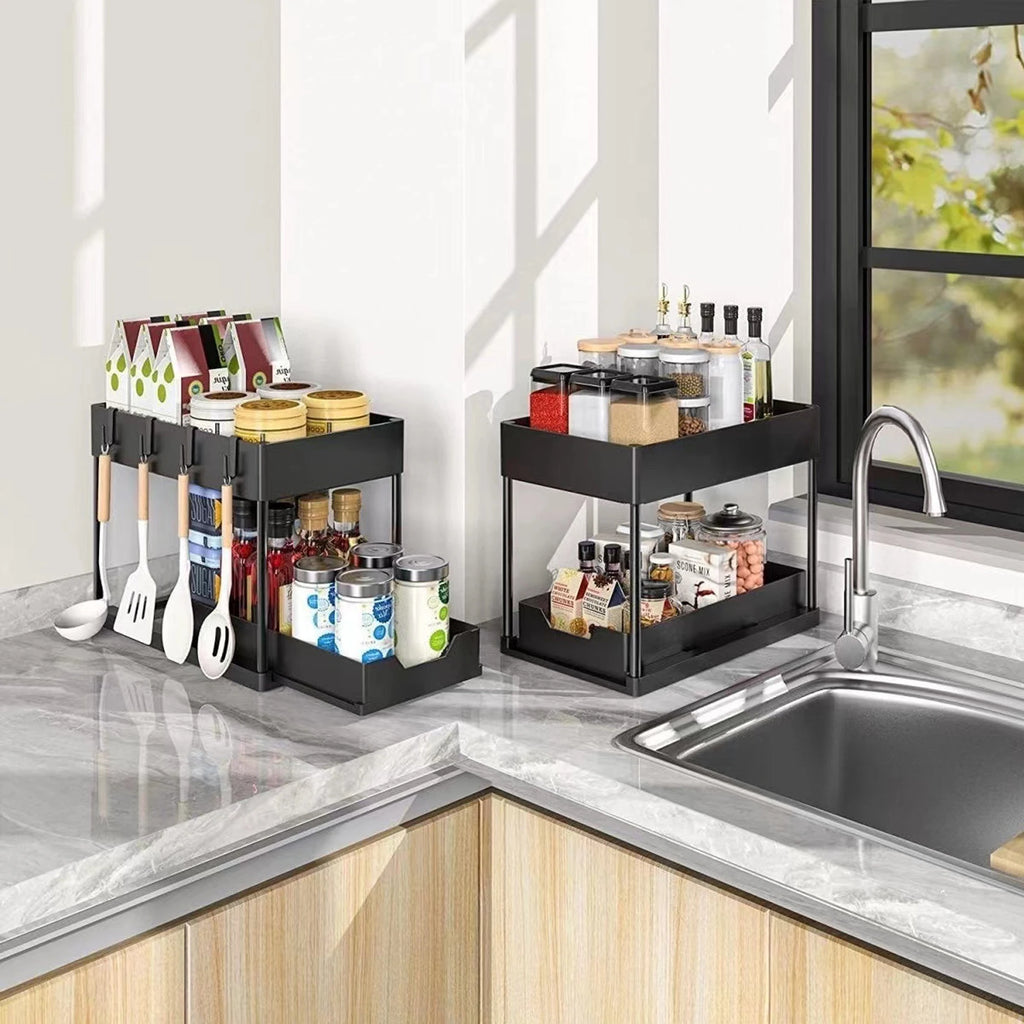 Double-Layer Pull-Out Kitchen Storage Rack, Non-Slip and Stable, Multifunctional Storage Box with Five Hooks, Under-Sink Brush Double-Layer Drawer Storage Rack, Suitable for Kitchen and Bathroom Countertop Sink Storage