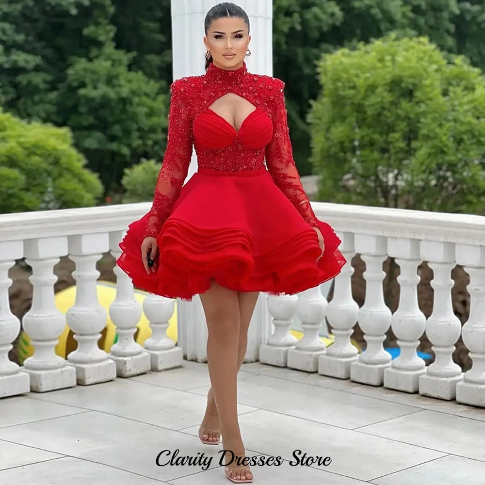 Delicate Red Organza Evening Dress Exquisite High Collar Long Sleeves Customized Cocktail Dresses Bespoke Occasion Gowns